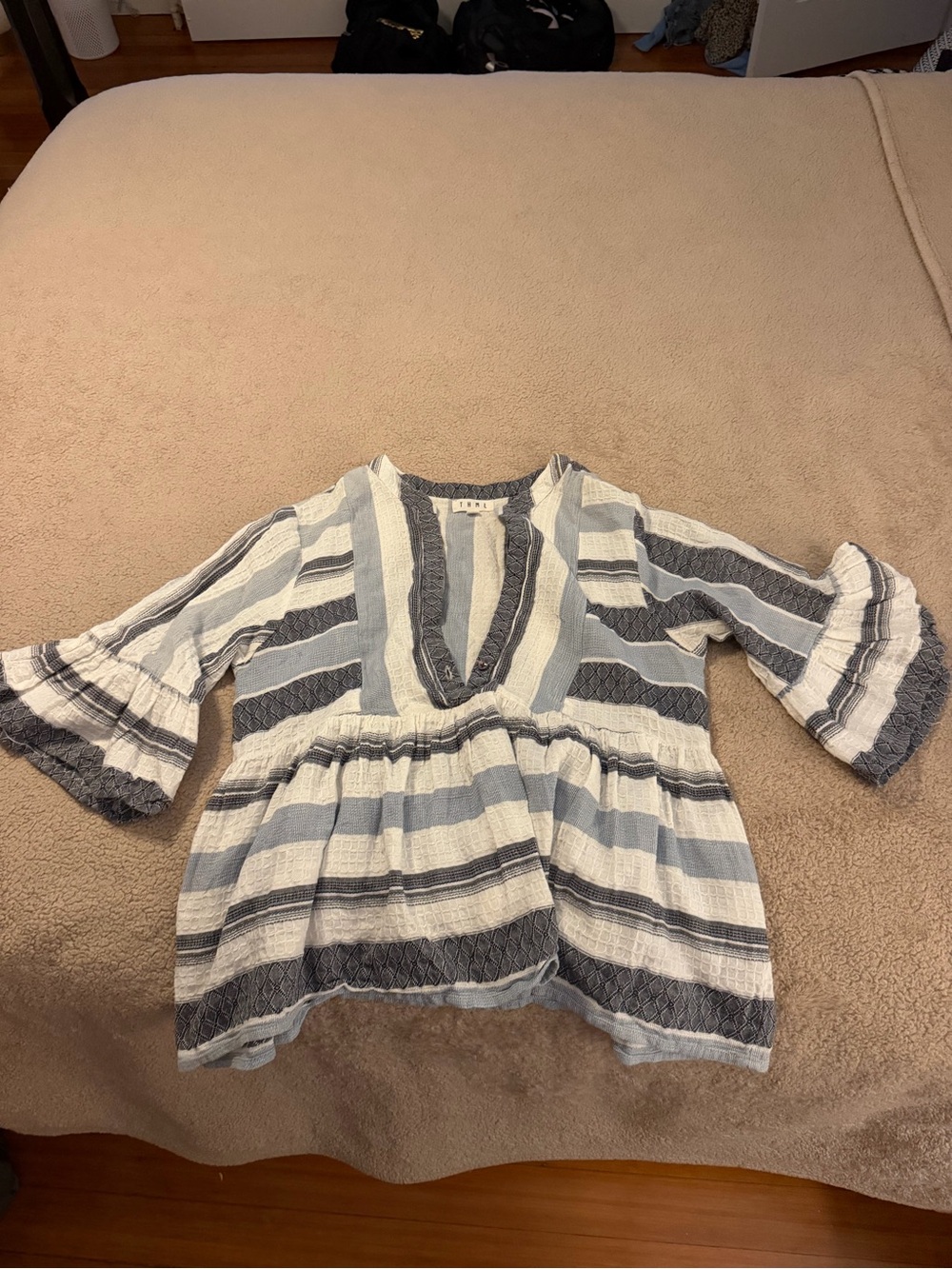 THML Light Blue and White Striped Peasant Top